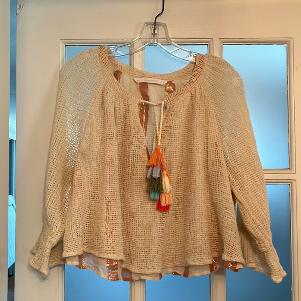 Zara Cream Knit Peasant Top with Multicolor Tassels